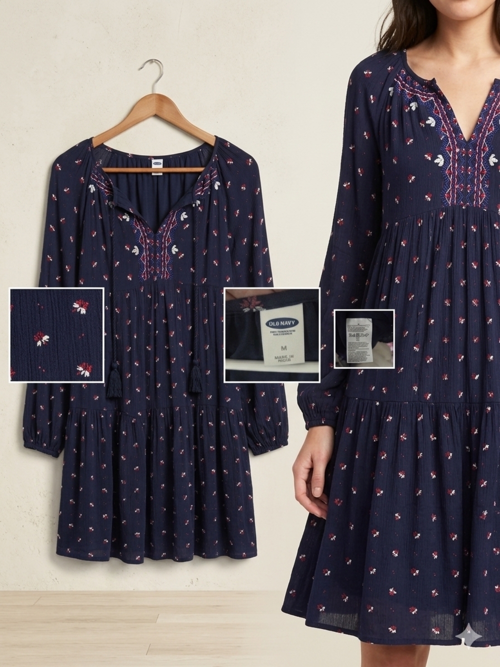 🛍Old Navy Navy Floral Embroidered Tiered Mini Dress